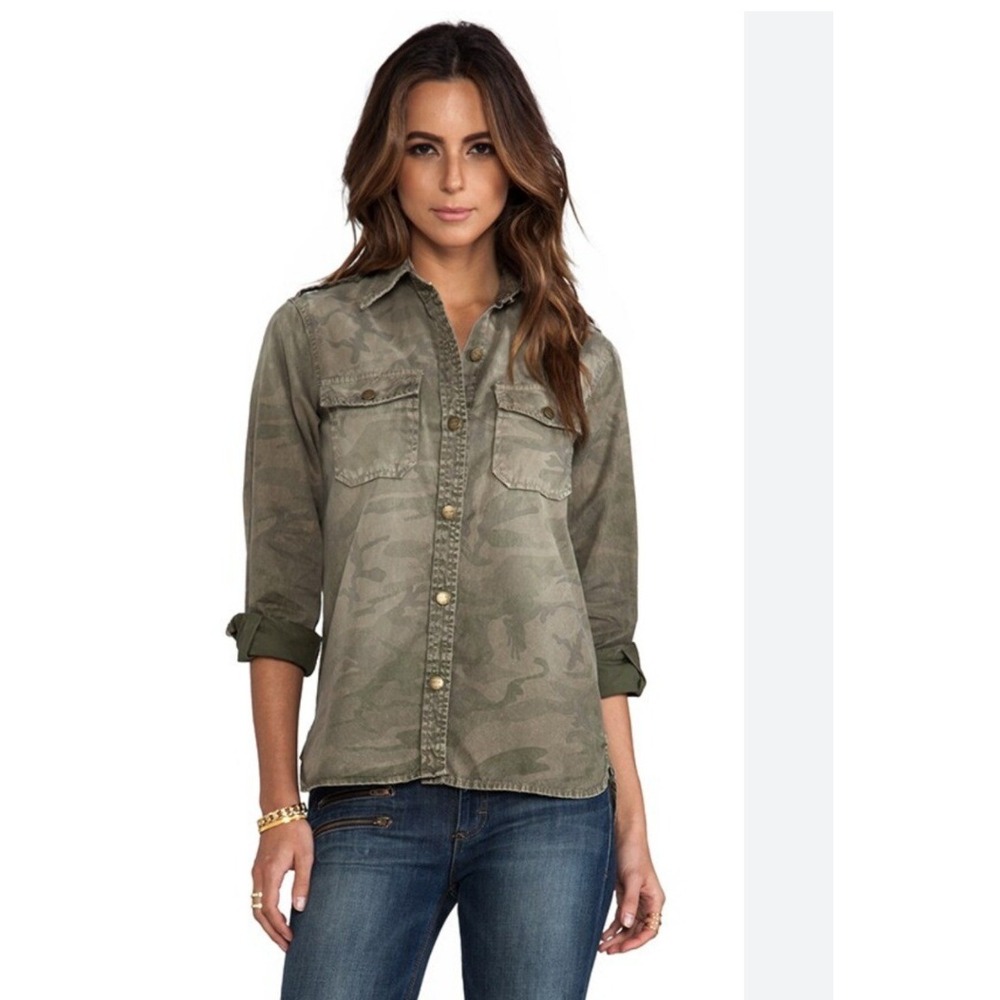 Current/Elliott Camo Button Down Shirt Women S Green Excellent Utility‎ Military